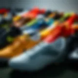 A collection of various soccer shoes showcasing different designs and colors