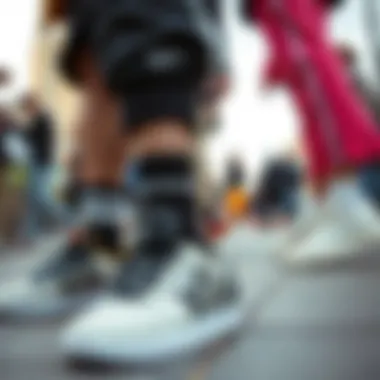 A vibrant street-style scene featuring individuals sporting different Adidas shoes, illustrating fashion meets functionality