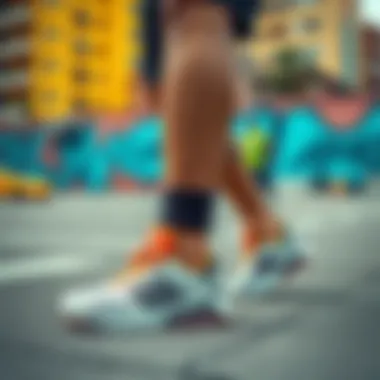 Dynamic athlete showcasing AMG sneakers on a vibrant urban backdrop