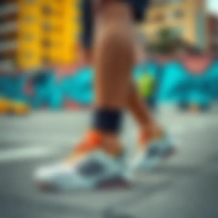 Dynamic athlete showcasing AMG sneakers on a vibrant urban backdrop