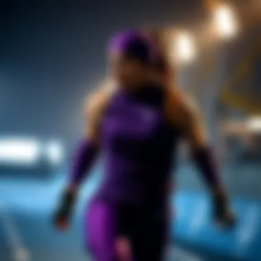 An athlete in action wearing purple and black gear