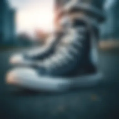 Close-up of the unique design elements of black high-top Converse sneakers