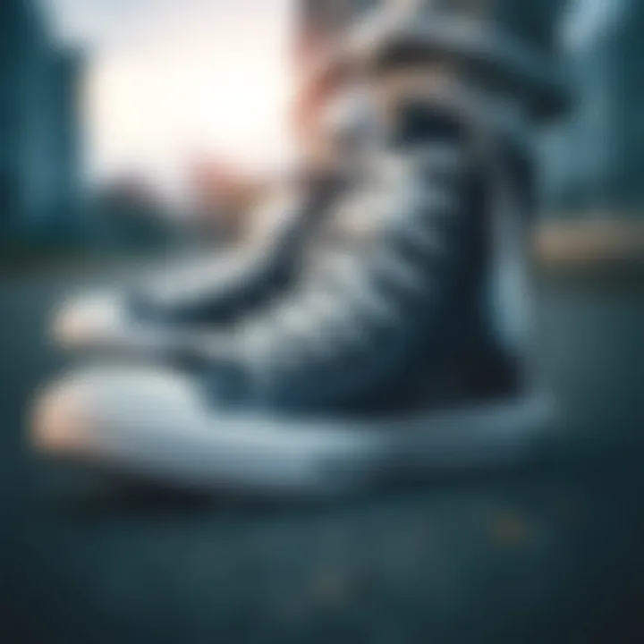 Close-up of the unique design elements of black high-top Converse sneakers