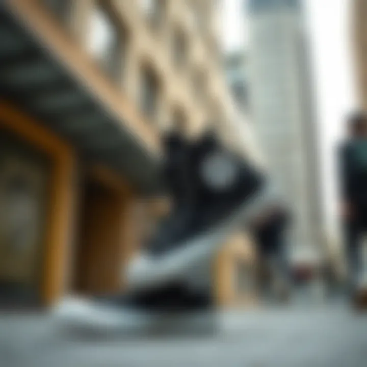 Dynamic street style featuring black Converse high-tops in an urban setting
