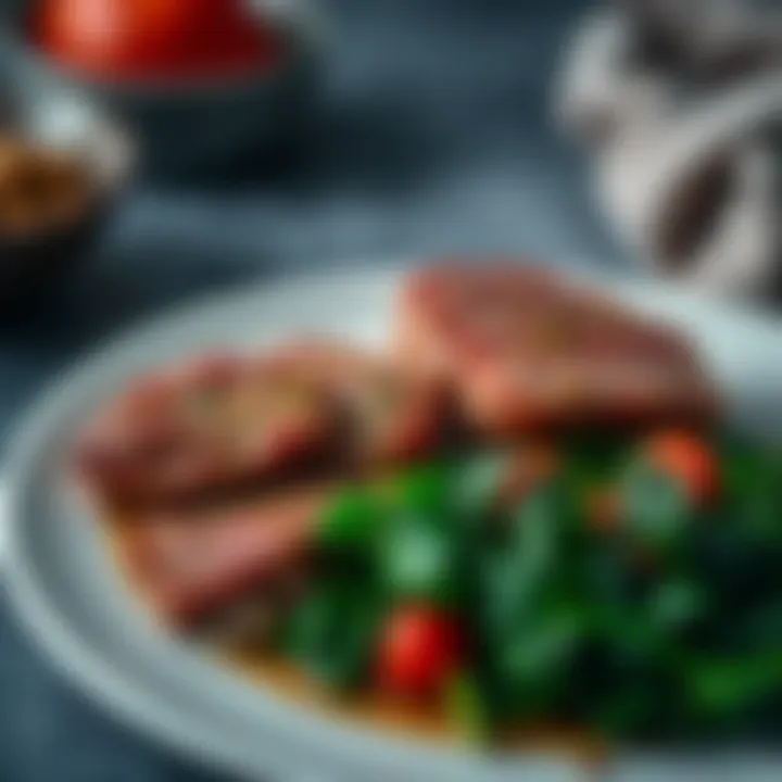 A close-up of a nutritious plate featuring red meat and spinach