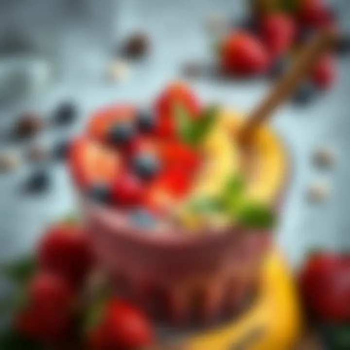 A colorful smoothie bowl topped with fruits and iron-containing ingredients