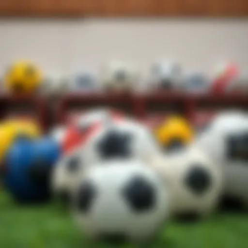 Different types of soccer balls arranged on a table