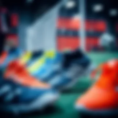 Group of stylish indoor football shoes arranged in a vibrant display