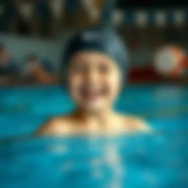 A child wearing a swim cap in a pool with a joyful expression