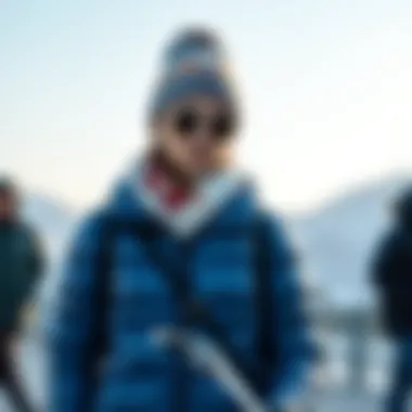 Stylish outfit combining a blue goose down coat with seasonal accessories