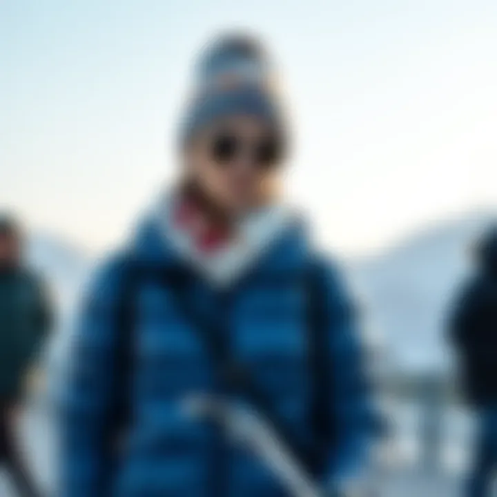 Stylish outfit combining a blue goose down coat with seasonal accessories