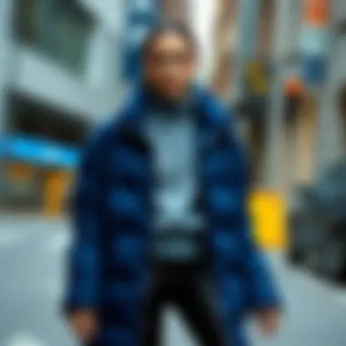 Elegant blue goose down coat showcased in an urban setting