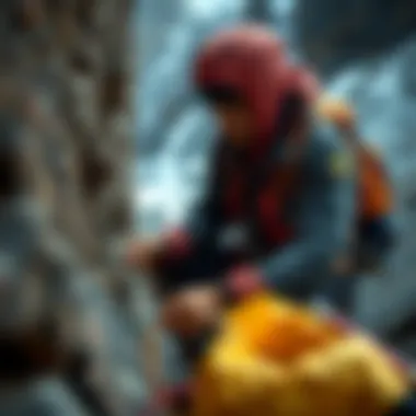 Climber preparing equipment for ascent