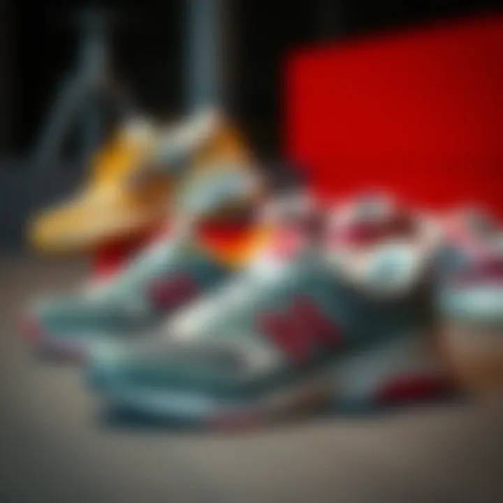 New Balance shoes displayed with various design elements and color options