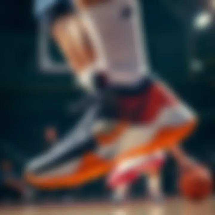 A model wearing Nike basketball shoes during a game, emphasizing performance.