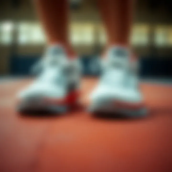 A pair of Nike basketball shoes on a court surface, demonstrating traction features.