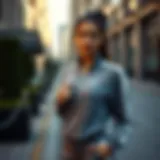 Elegant woman showcasing Nike grey tracksuit in urban setting