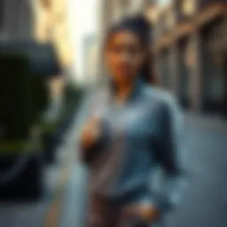 Elegant woman showcasing Nike grey tracksuit in urban setting