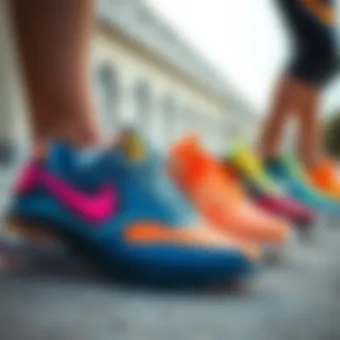 Diverse lineup of Nike colorful shoes designed for various sports activities.