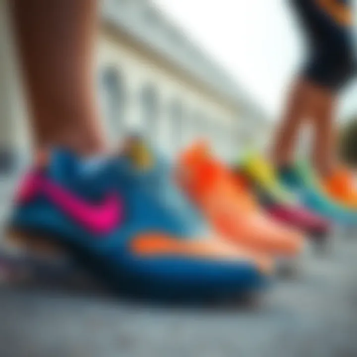 Diverse lineup of Nike colorful shoes designed for various sports activities.