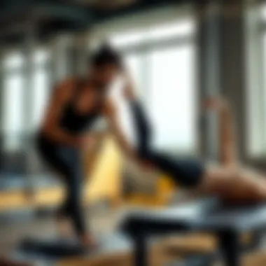 Demonstrating proper use of a Pilates reformer