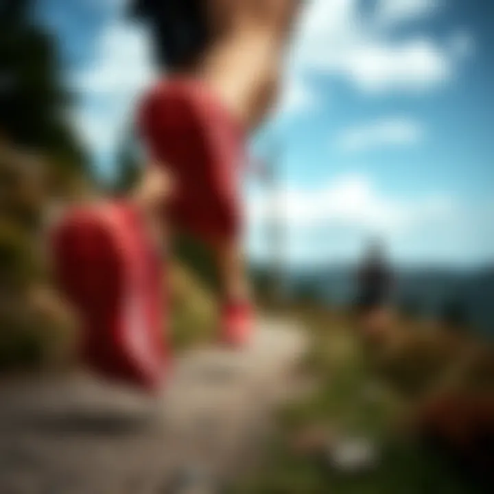 Dynamic runner showcasing Salomon red shoes on a trail