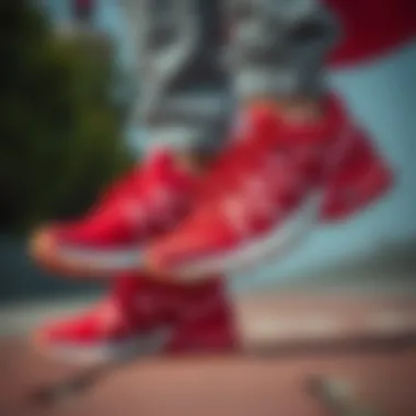 Fashionable pairing of Salomon red shoes with casual wear