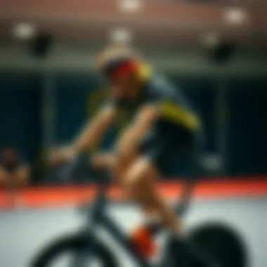A person riding a stationary bike with focus and determination