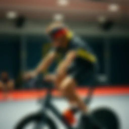 A person riding a stationary bike with focus and determination