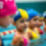 Colorful swim caps for children during a training session