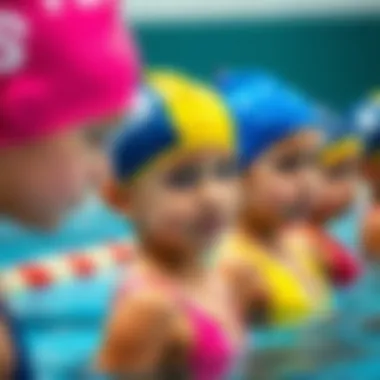Colorful swim caps for children during a training session