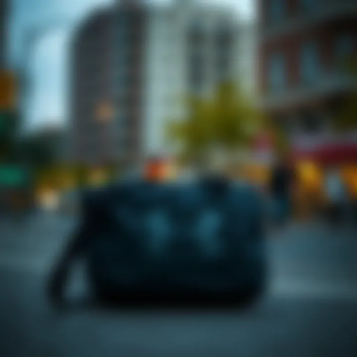 Under Armour shorts bag placed against a stylish urban backdrop