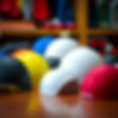 Different types of swim caps displayed on a table